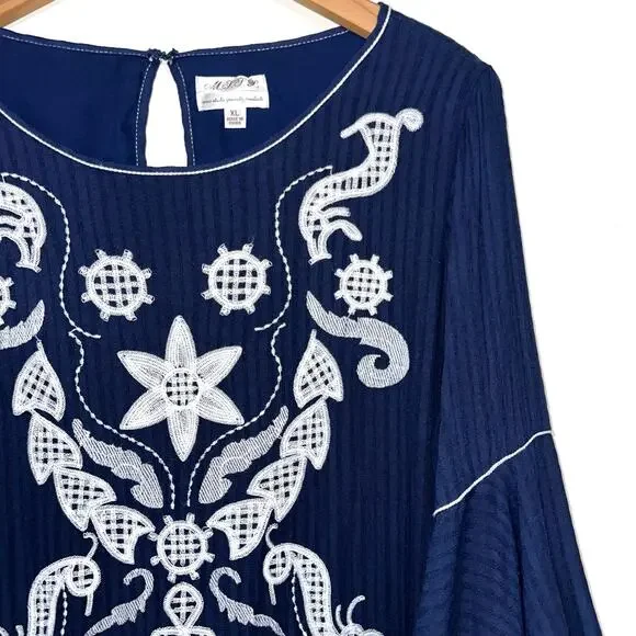 MSSP Max Studio Navy Blue White Embroidered Floral Marielle Mini Dress Size XL - Picture 2 of 13